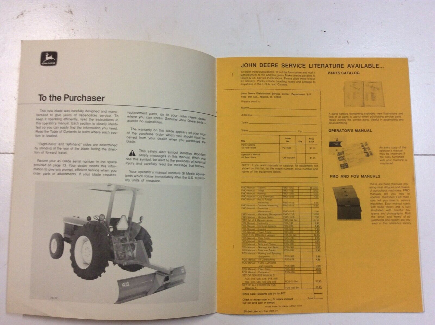 OMW21364 John Deere Operators Manual For 45 Rear Blade